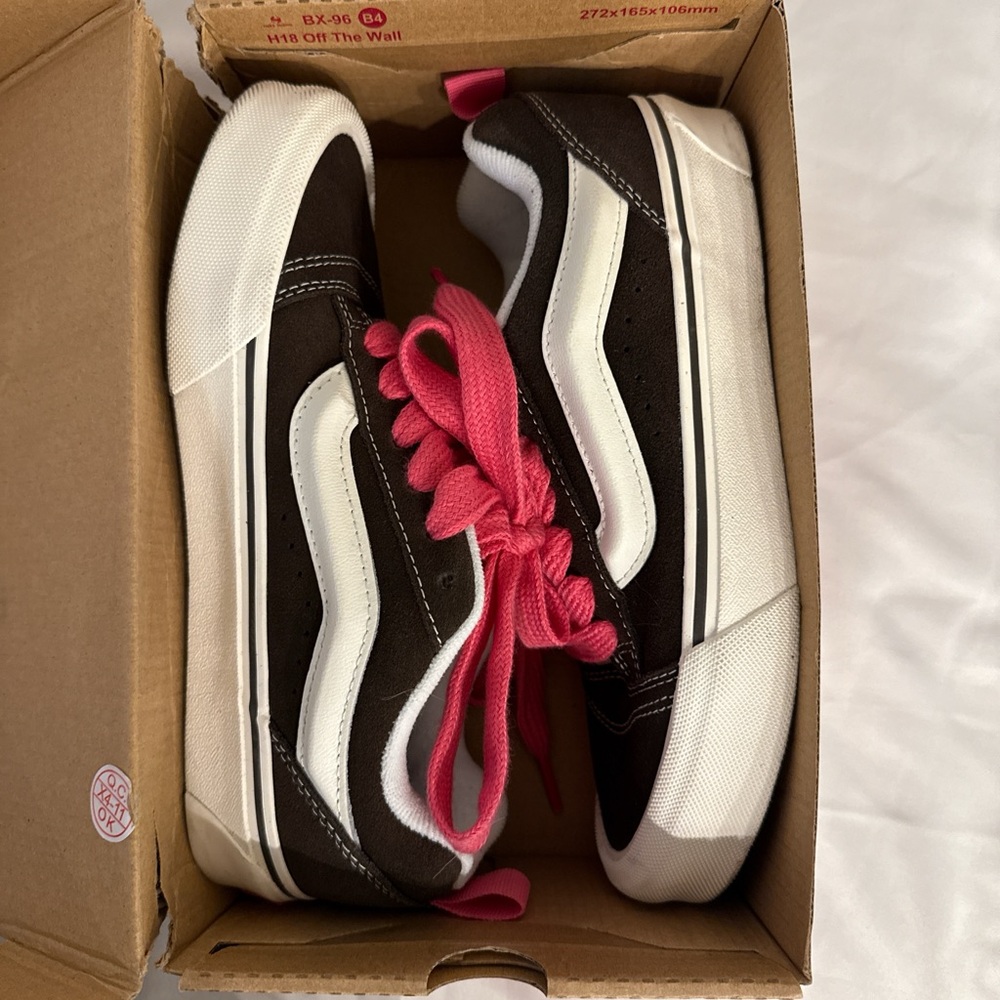 Vans Black and White Sneakers with Pink Laces